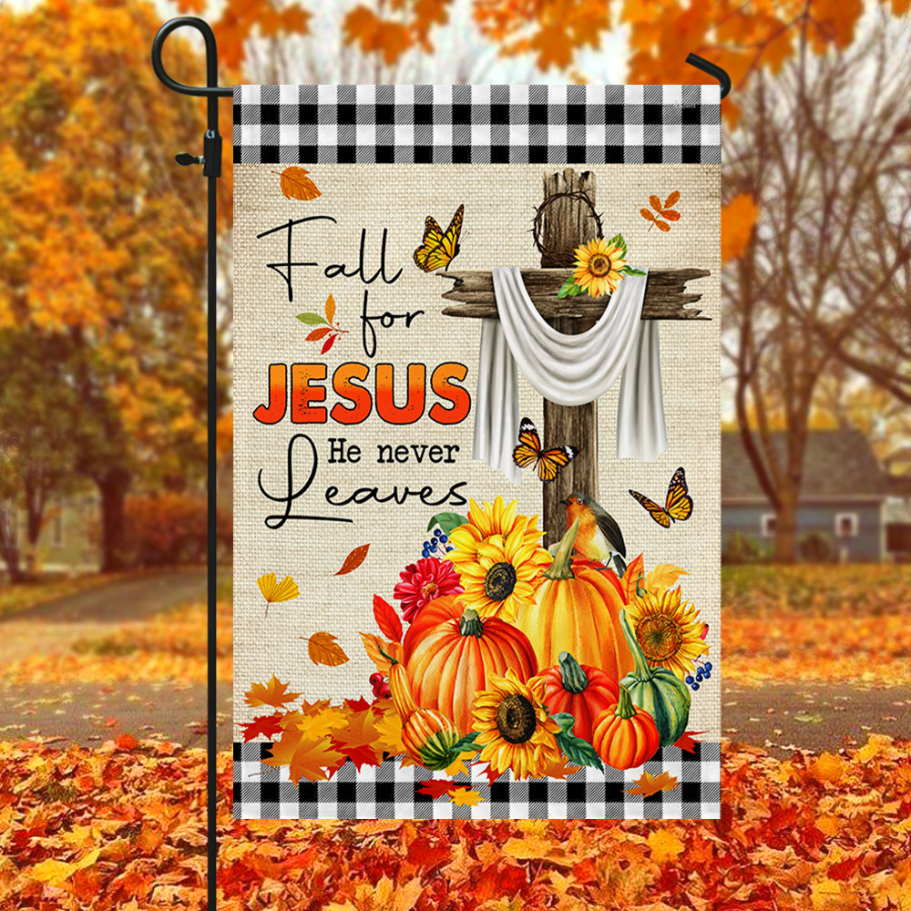 Fall Flag "Fall For Jesus He Never Leaves" Seasonal Decorative Flag 3-Day Shipping