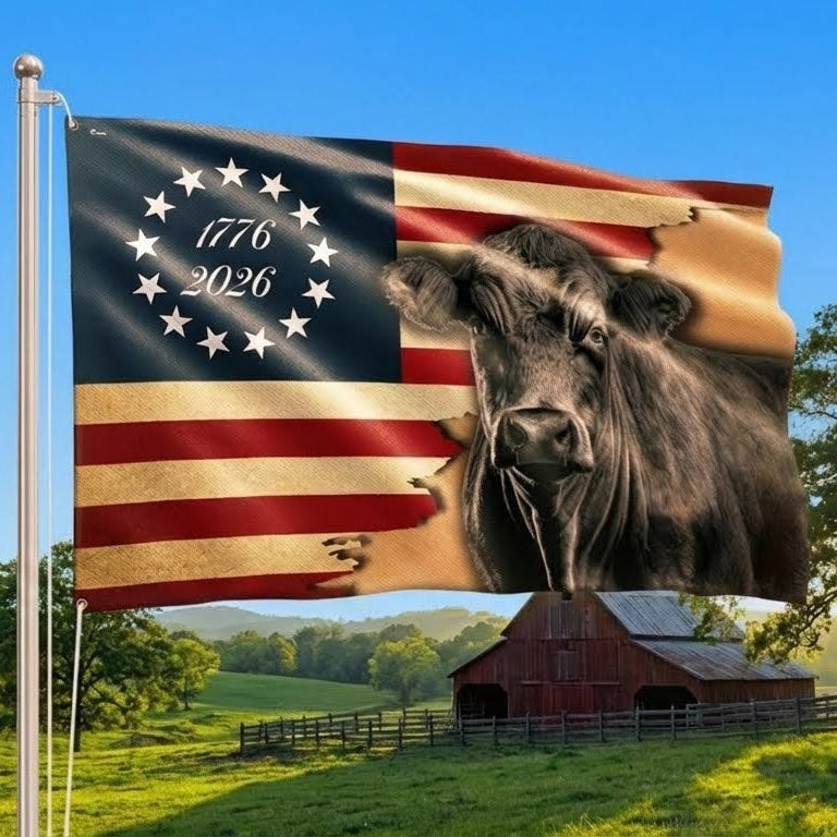 1776 2026 Black Angus Cattle Proud Farmer Farm Life Grommet Flag