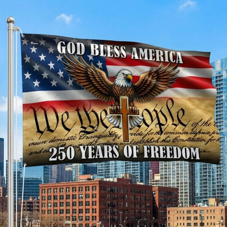 We The People Eagle Cross 250 Years of Freedom Patriotic Grommet Flag