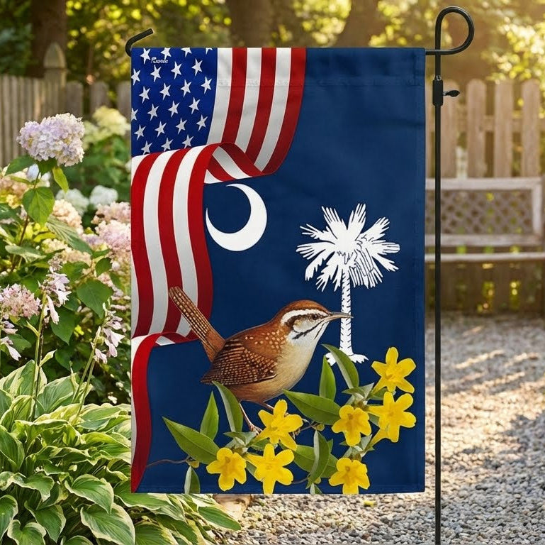 South Carolina Yellow Jessamine Flower and Carolina Wren Bird Flag