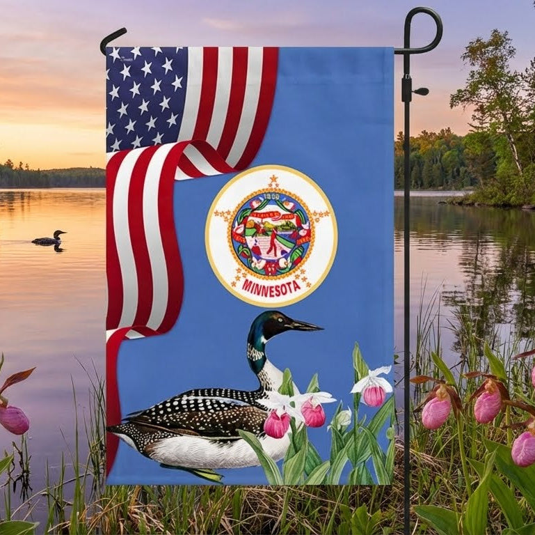Minnesota State Lady's Slipper Flower and Loon Flag MLN1141Fv42 3-Day Shipping