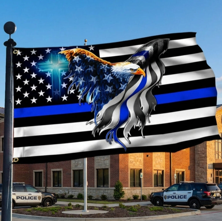 The Thin Blue Line. Police. Law Enforcement American Eagle Flag, Canvas Flag Double Side Printed