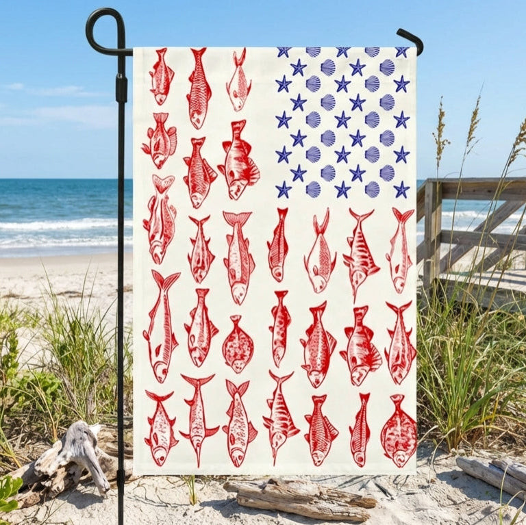Fish & Sea Shells American Flag – Nautical Independence Day Decor, summer flag 3-Day Shipping