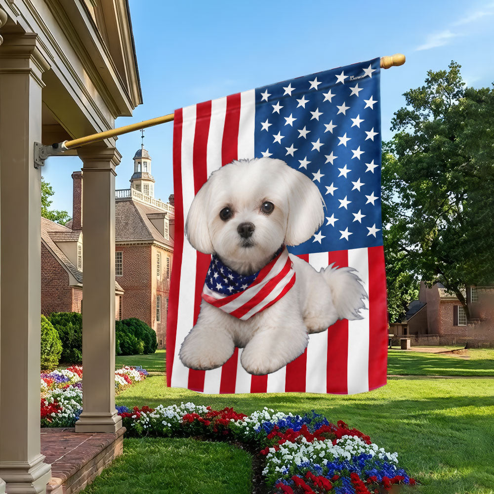 White Maltese Dog American Garden Flag Wrapped in Glory, Patriotic Dog Decor