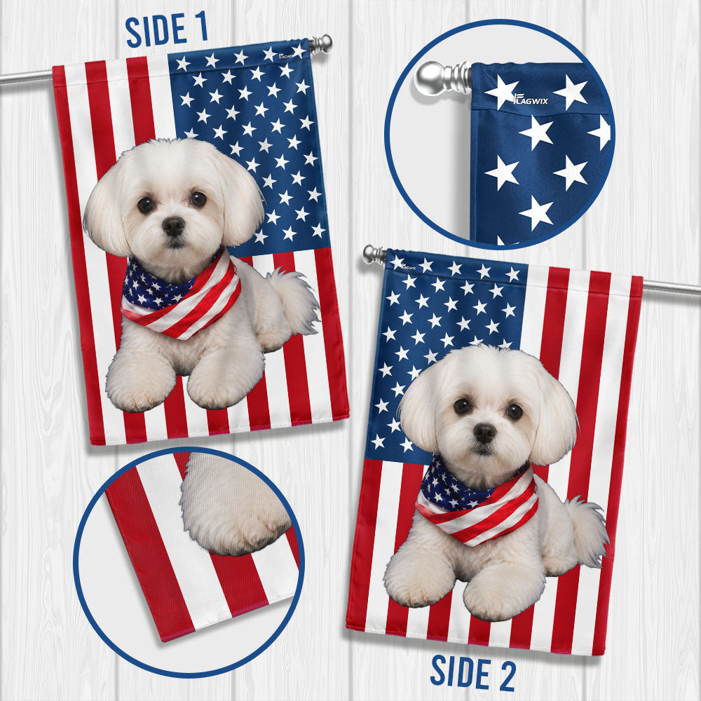 White Maltese Dog American Garden Flag Wrapped in Glory, Patriotic Dog Decor