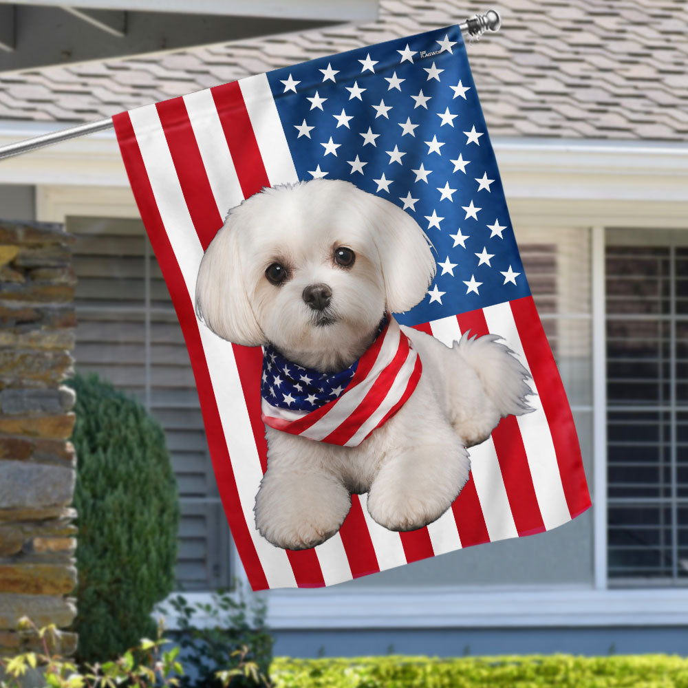 White Maltese Dog American Garden Flag Wrapped in Glory, Patriotic Dog Decor