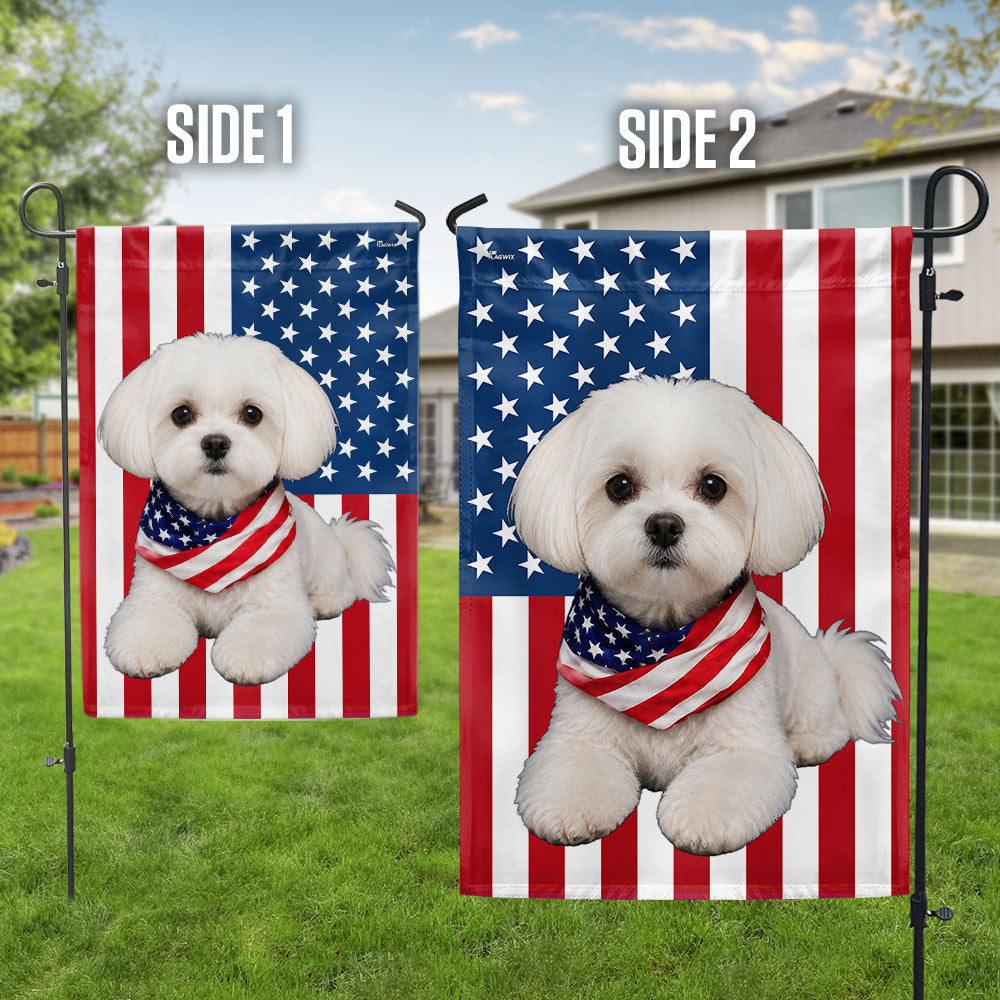 White Maltese Dog American Garden Flag Wrapped in Glory, Patriotic Dog Decor