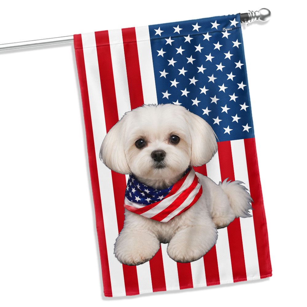 White Maltese Dog American Garden Flag Wrapped in Glory, Patriotic Dog Decor