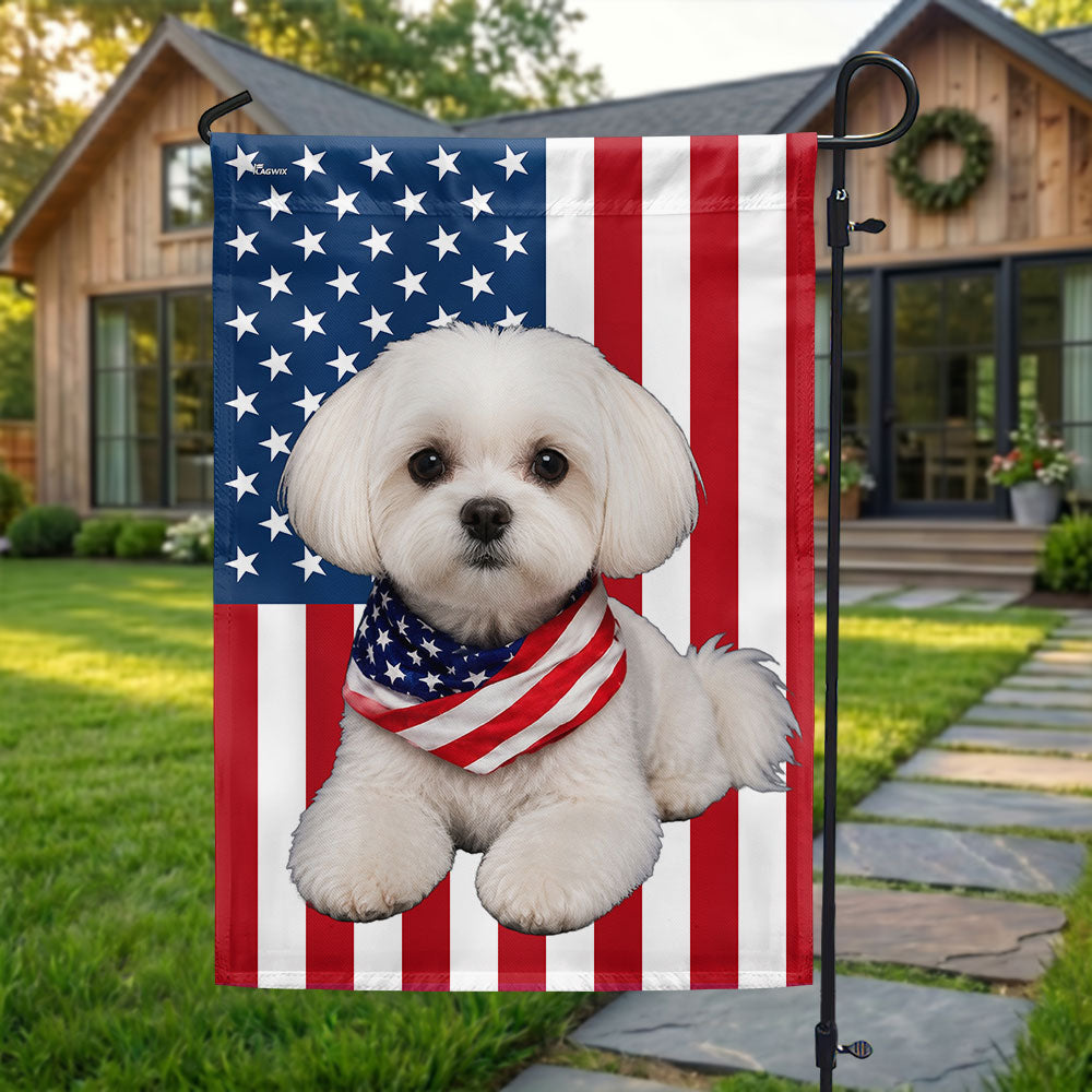 White Maltese Dog American Garden Flag Wrapped in Glory, Patriotic Dog Decor