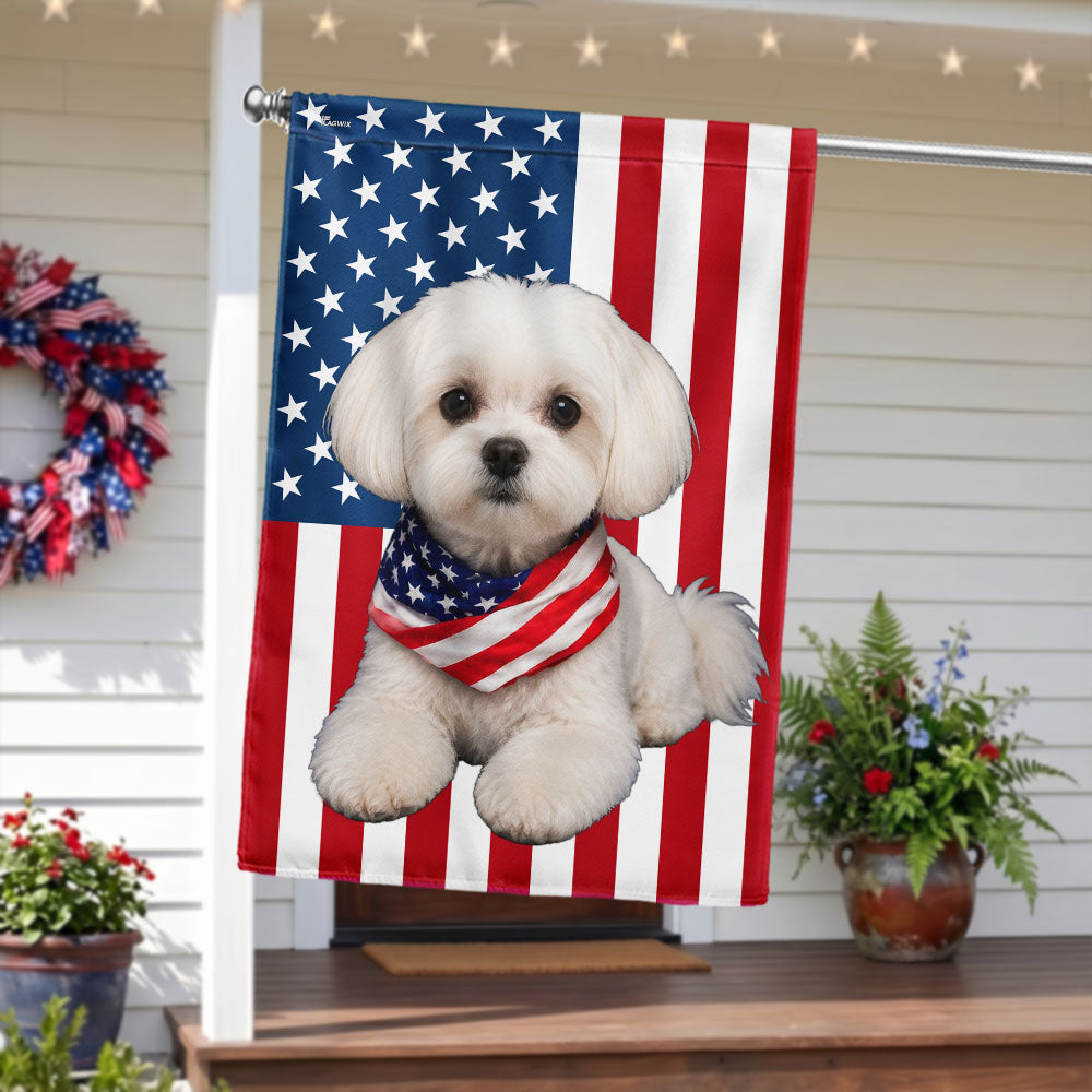 White Maltese Dog American Garden Flag Wrapped in Glory, Patriotic Dog Decor
