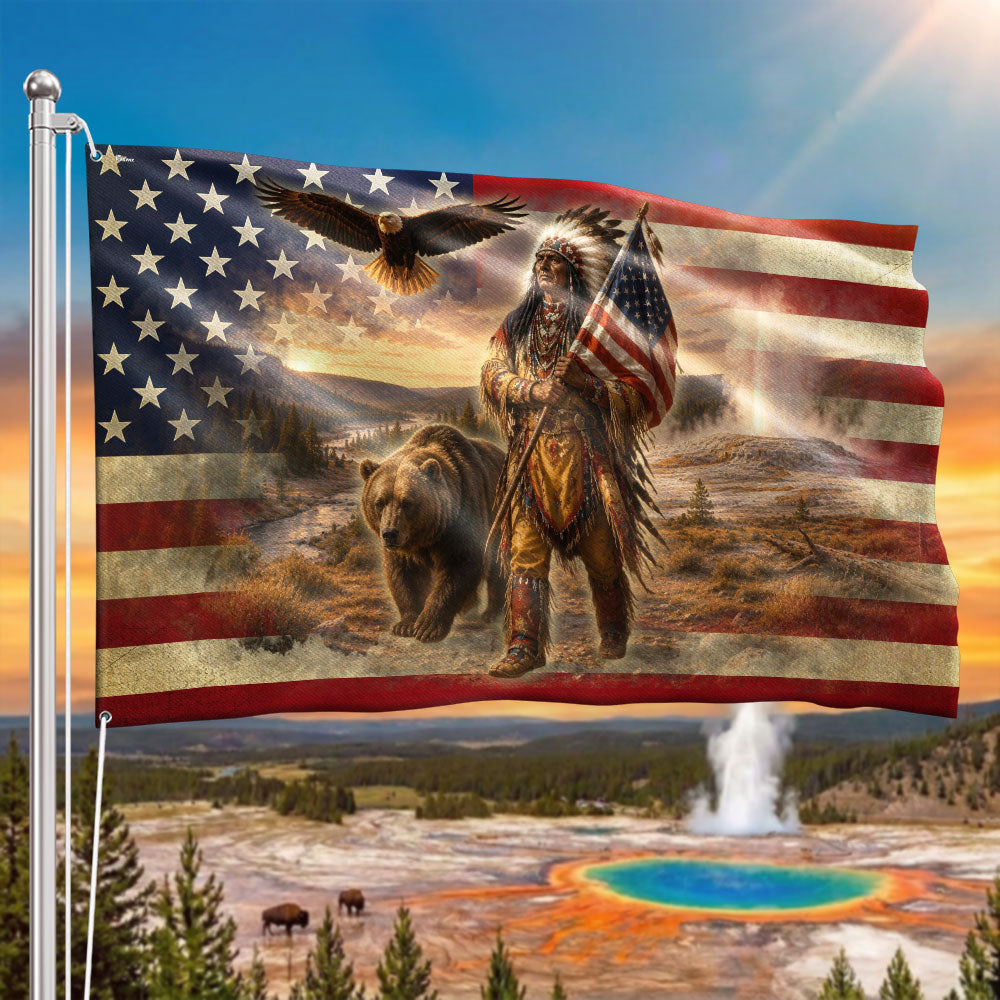 Patriotic Native American Veteran Flag with Grizzly Bear, Proud of Service
