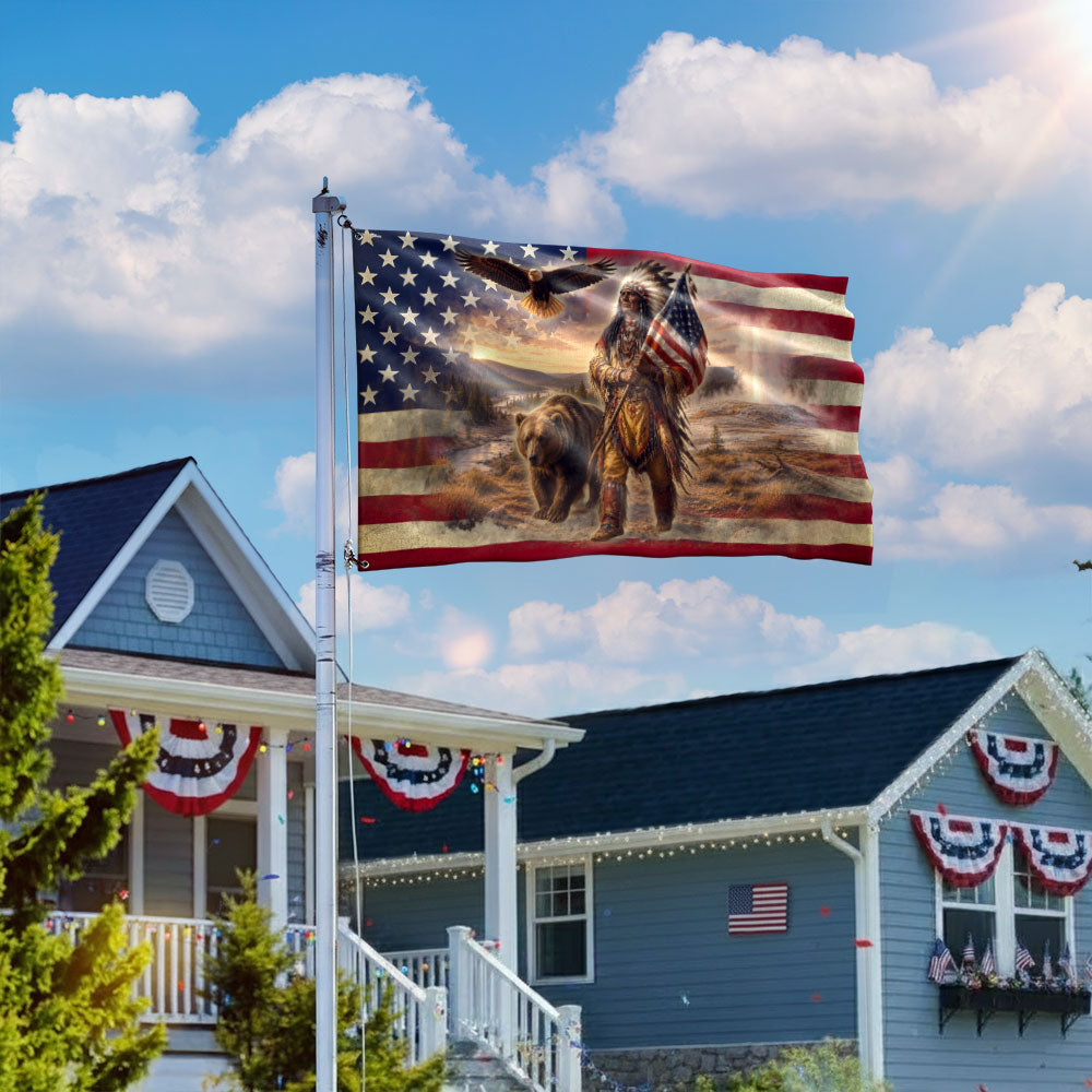 Patriotic Native American Veteran Flag with Grizzly Bear, Proud of Service