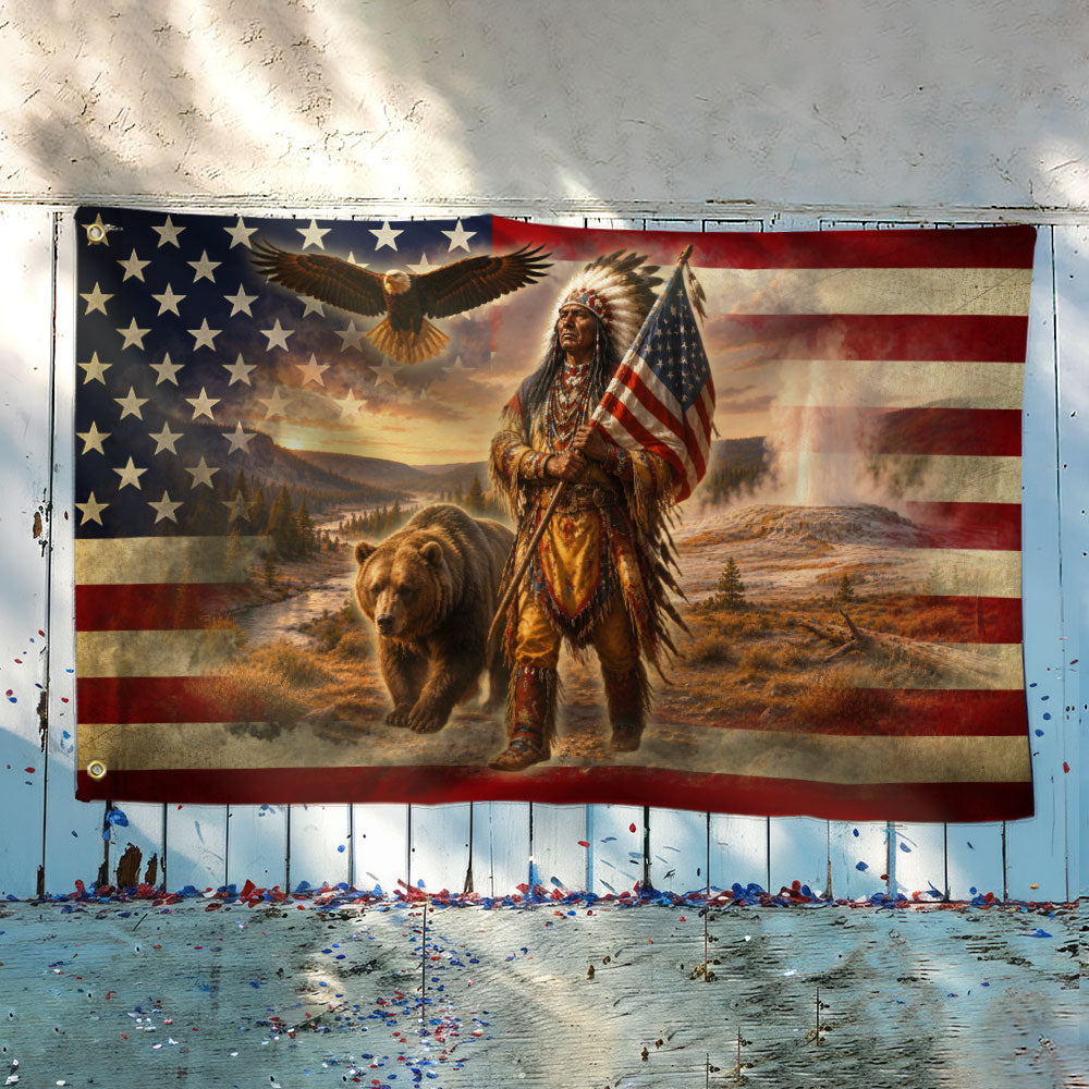 Patriotic Native American Veteran Flag with Grizzly Bear, Proud of Service