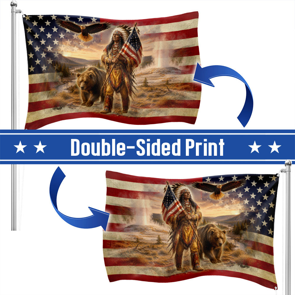 Patriotic Native American Veteran Flag with Grizzly Bear, Proud of Service