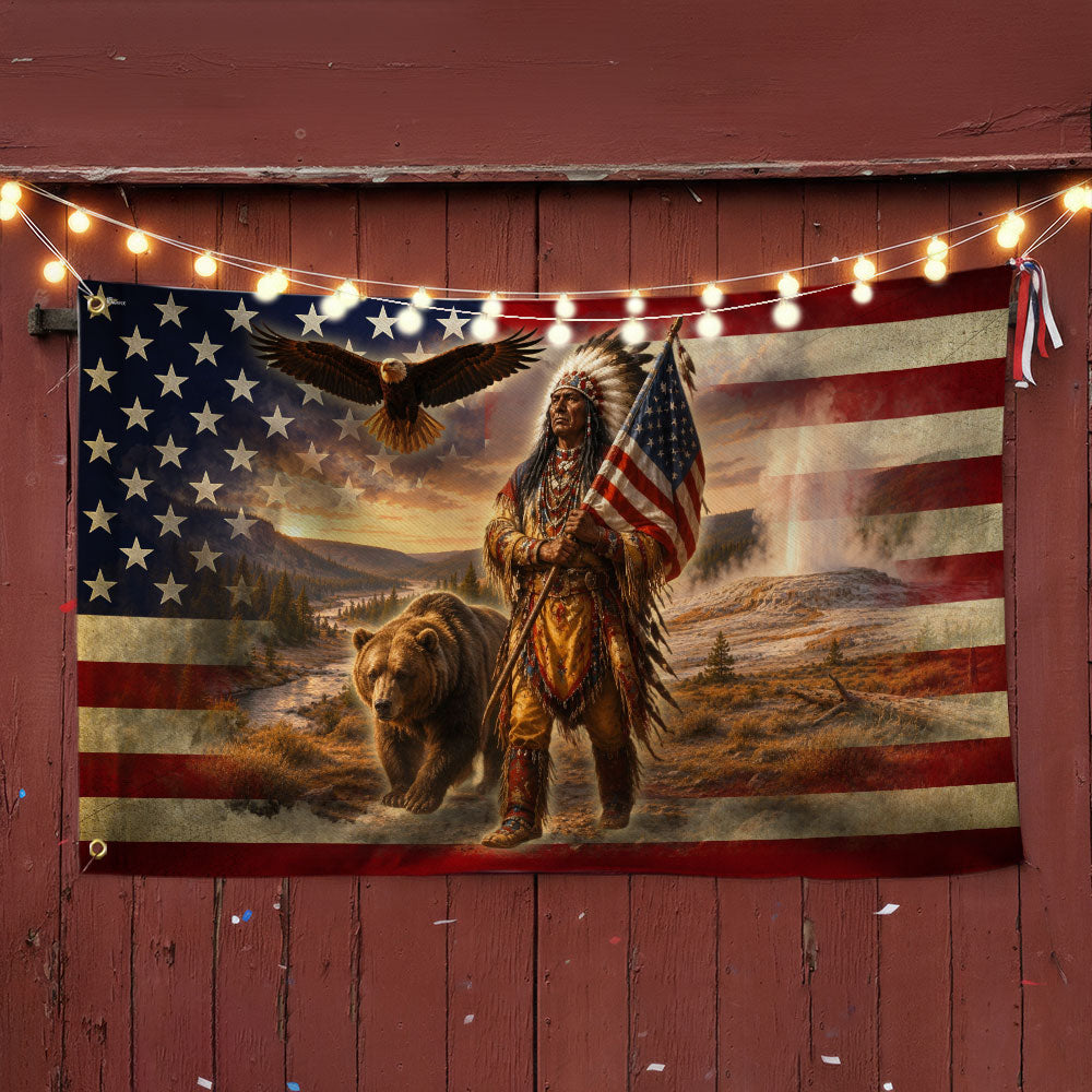 Patriotic Native American Veteran Flag with Grizzly Bear, Proud of Service