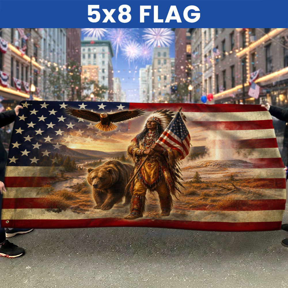Patriotic Native American Veteran Flag with Grizzly Bear, Proud of Service