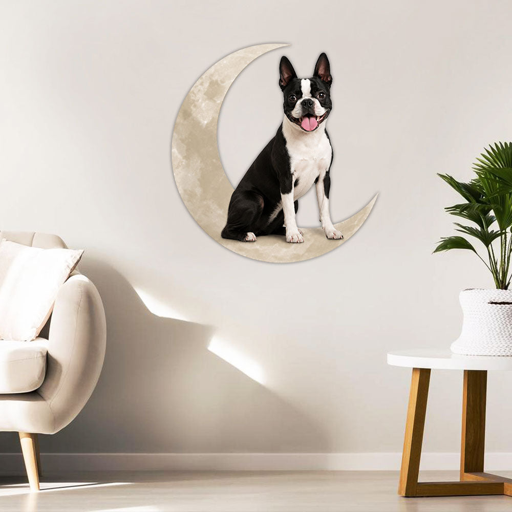 Boston Terrier Dog And Moon Hanging Metal Sign Decor