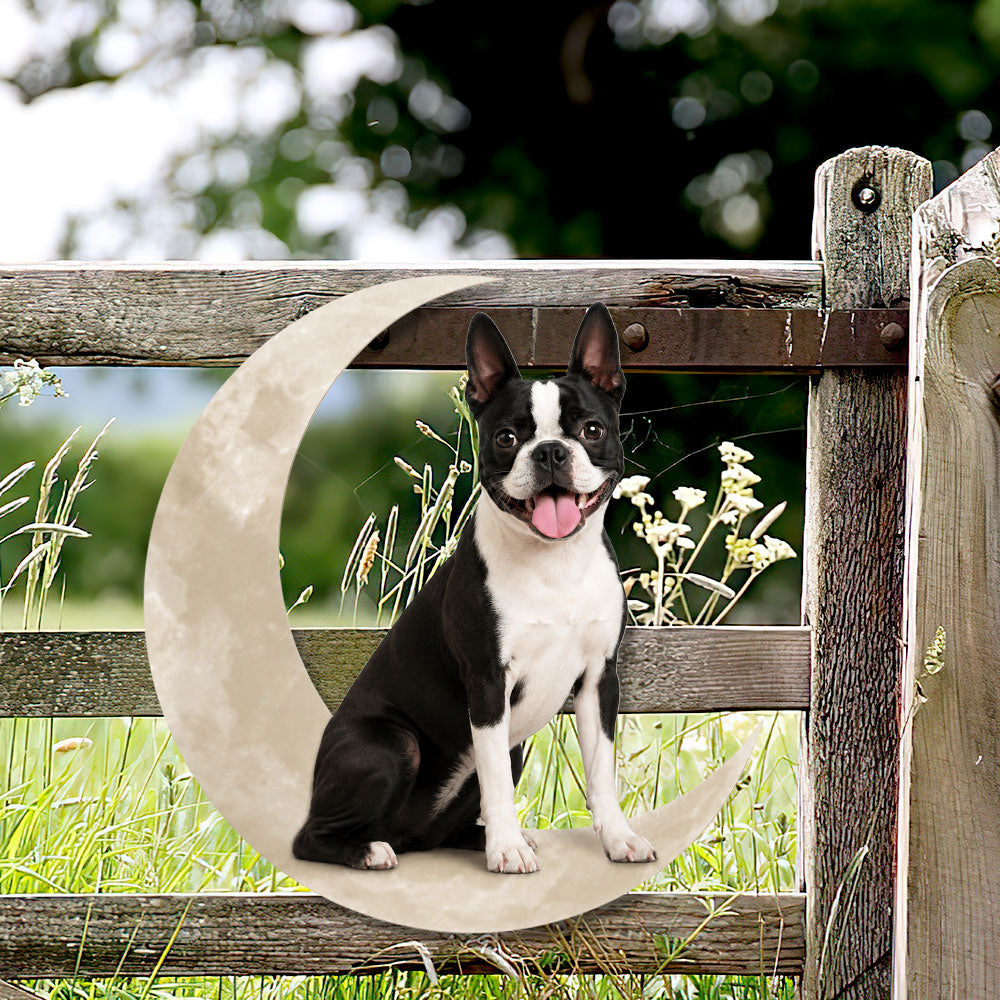 Boston Terrier Dog And Moon Hanging Metal Sign Decor