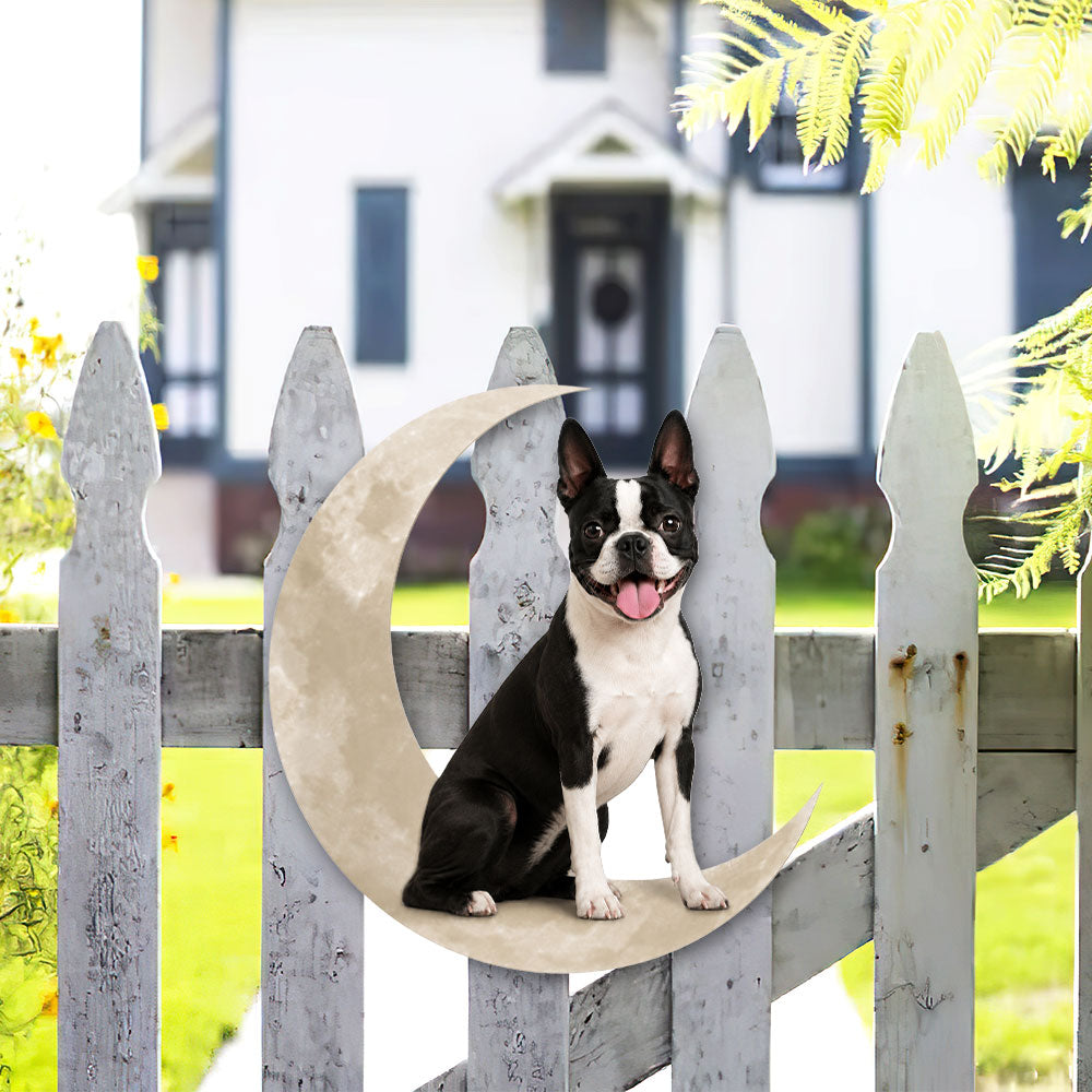Boston Terrier Dog And Moon Hanging Metal Sign Decor