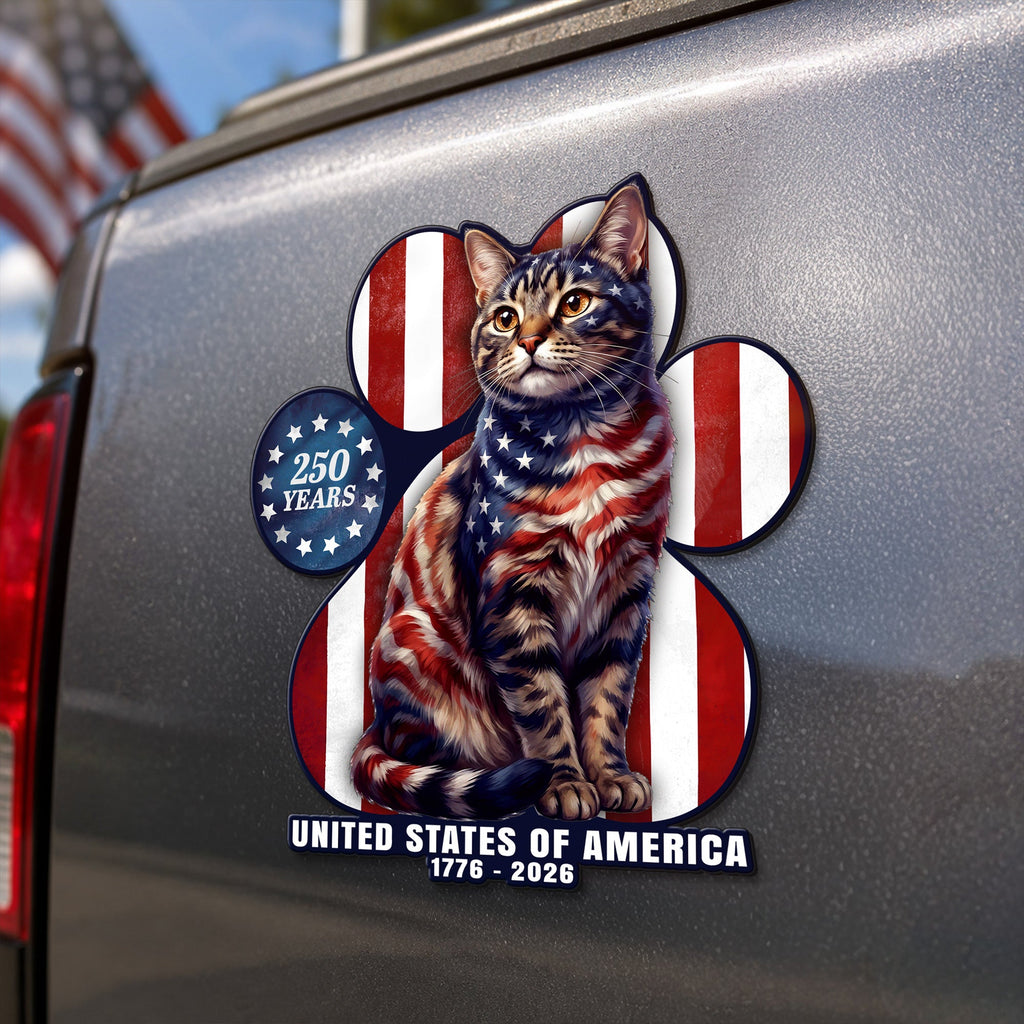 Patriotic American Cat Car Magnet, 250 Years of America 1776 2026 Decor Sticker for Cat Lovers