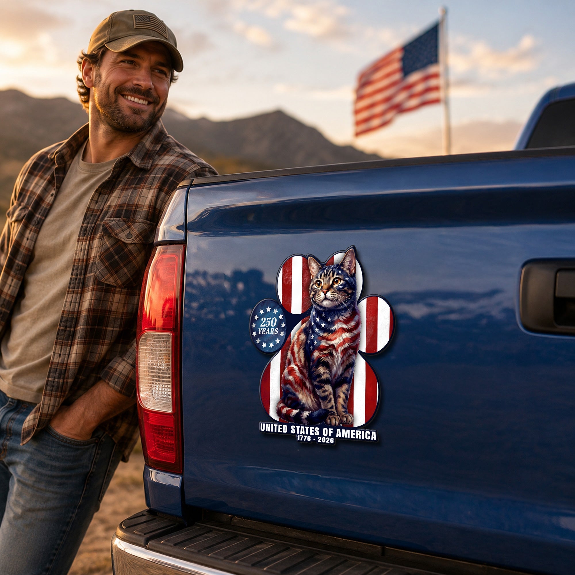 Patriotic American Cat Car Magnet, 250 Years of America 1776 2026 Decor Sticker for Cat Lovers
