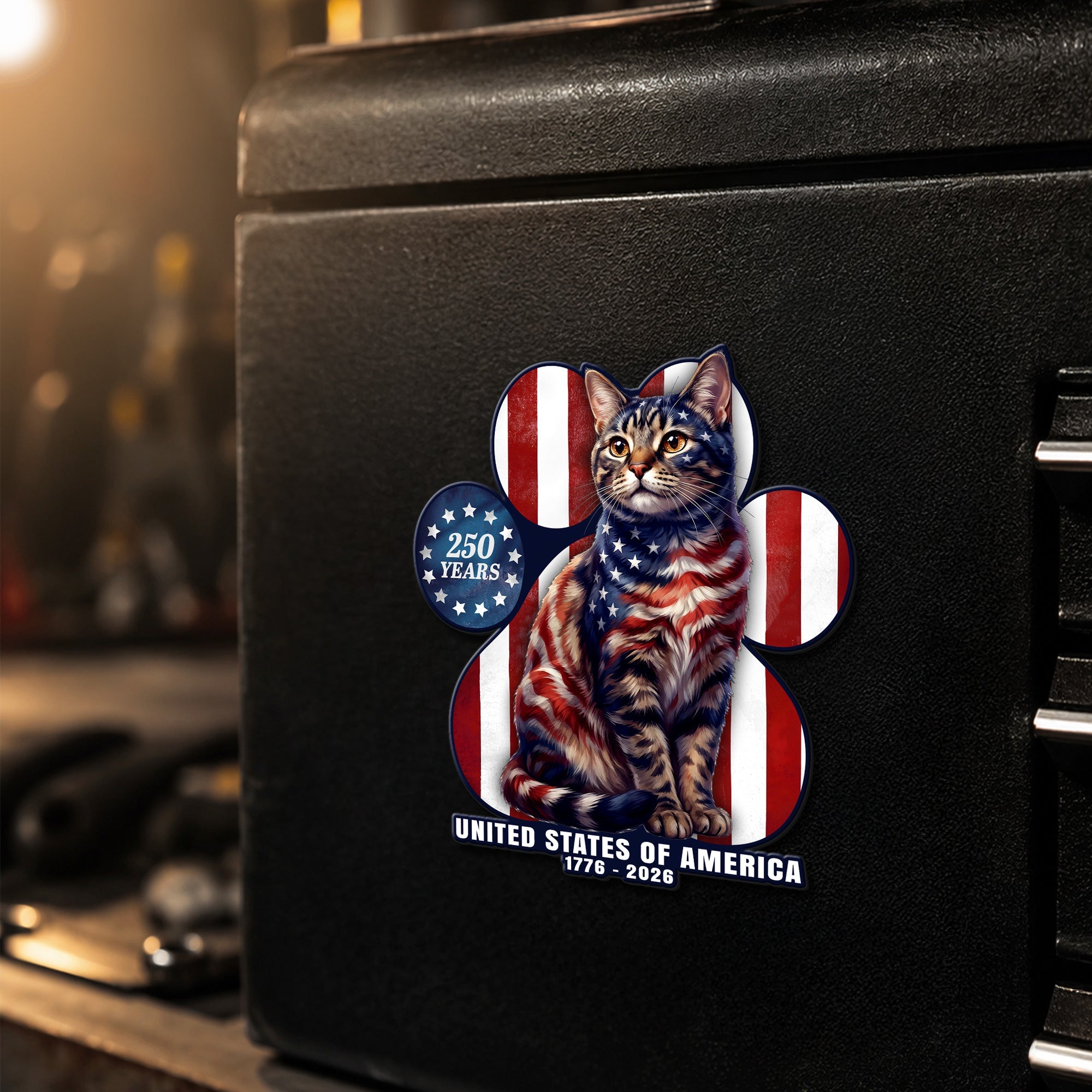 Patriotic American Cat Car Magnet, 250 Years of America 1776 2026 Decor Sticker for Cat Lovers