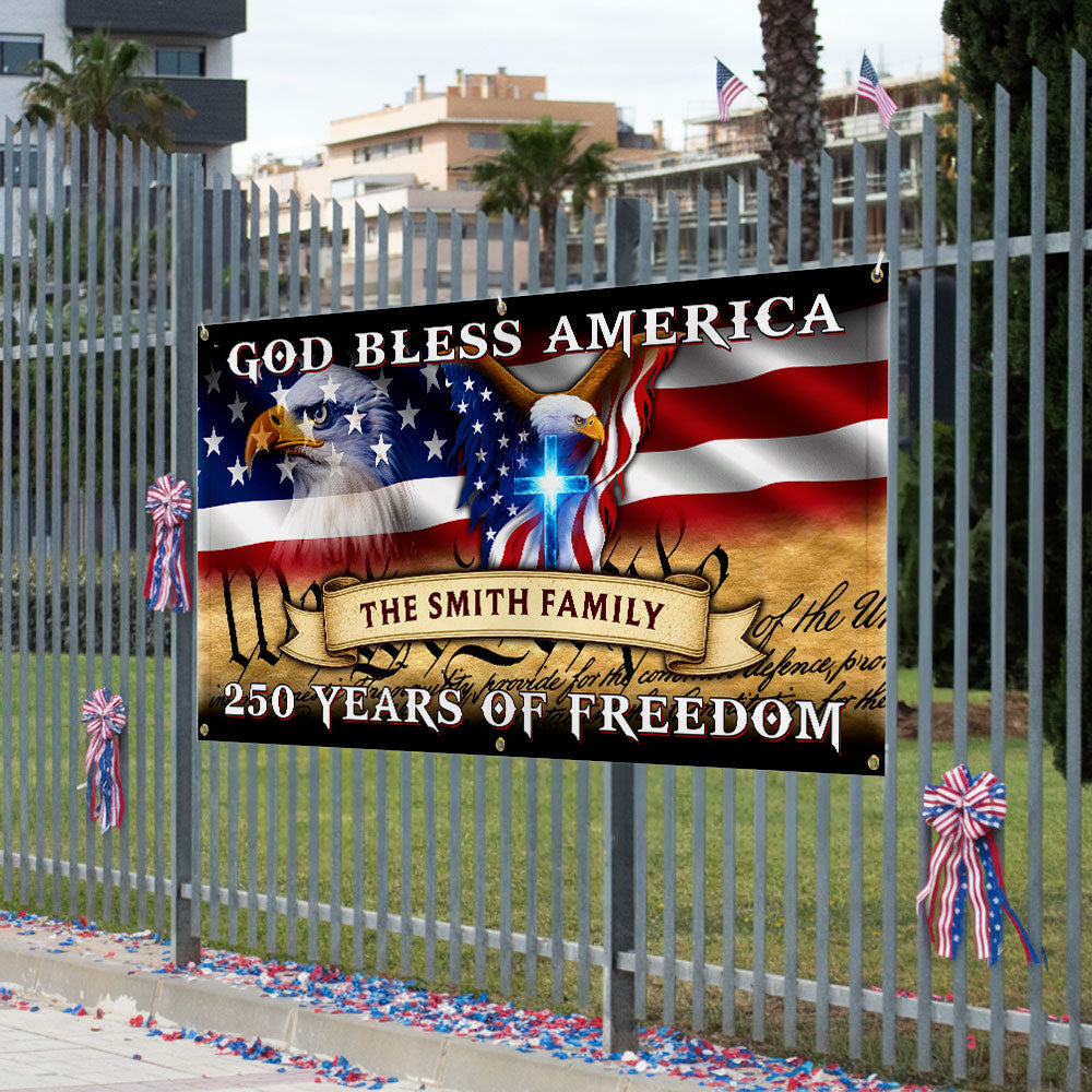 Personalized Fence Banner God Bless America, Patriotic 250 Years of Freedom Custom Outdoor Flag