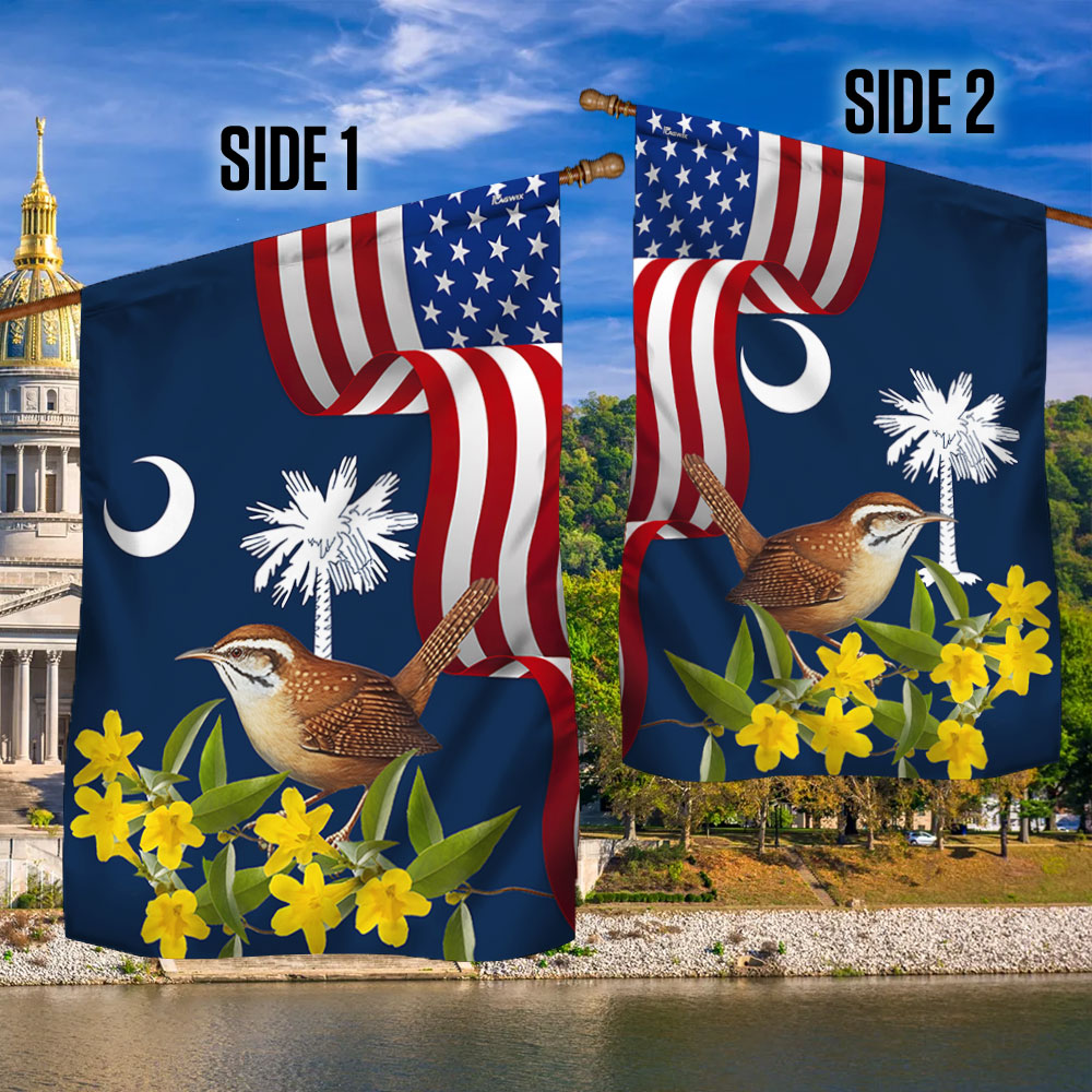 South Carolina Yellow Jessamine Flower and Carolina Wren Bird Flag