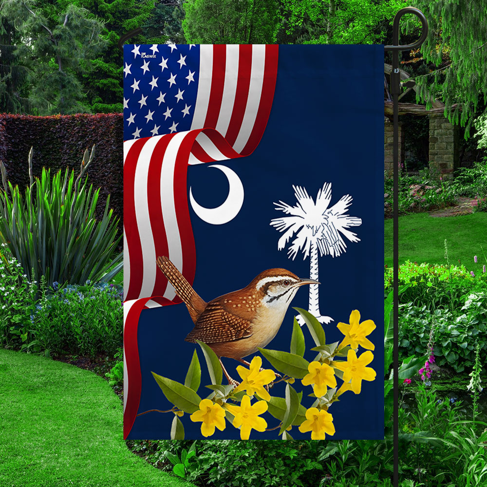 South Carolina Yellow Jessamine Flower and Carolina Wren Bird Flag