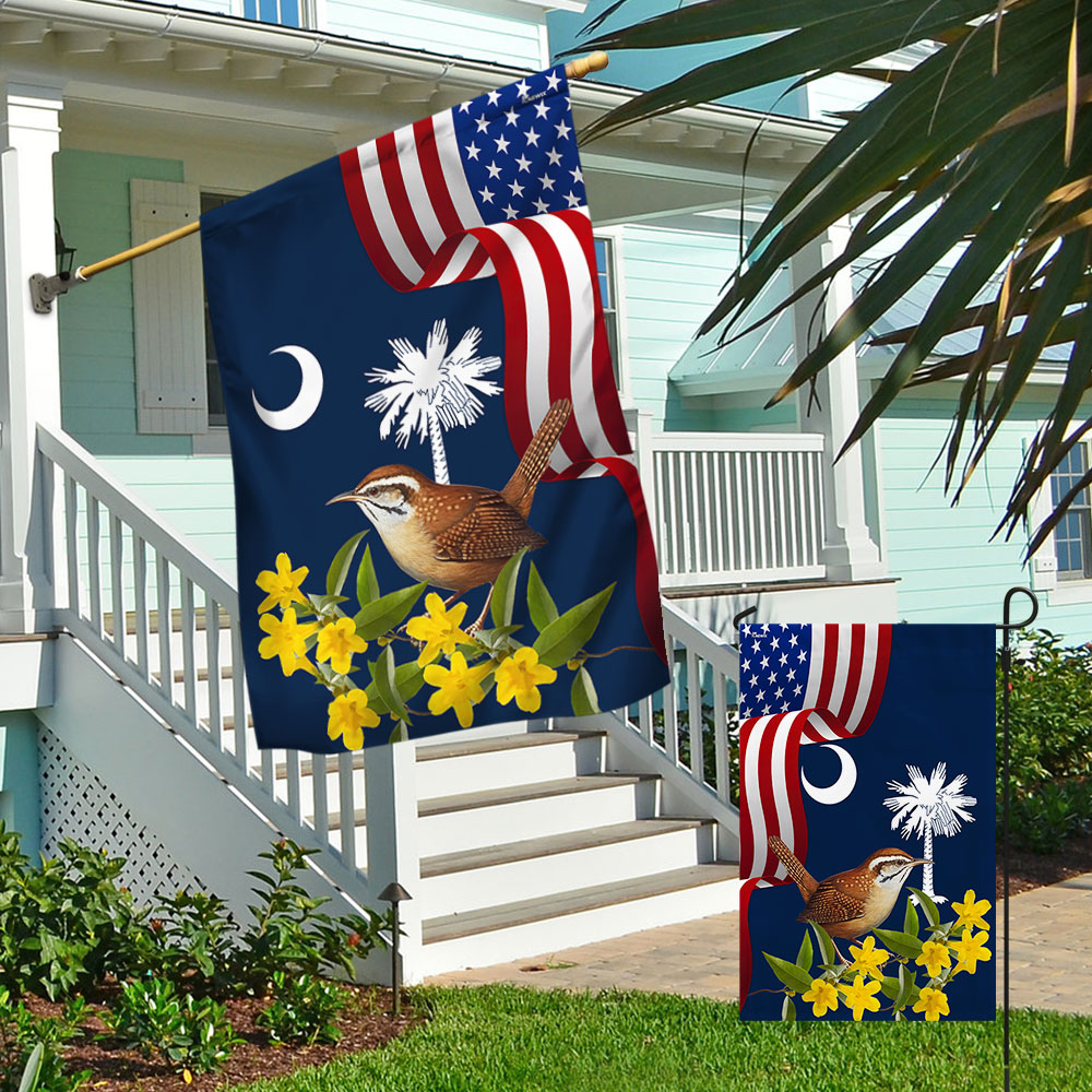 South Carolina Yellow Jessamine Flower and Carolina Wren Bird Flag