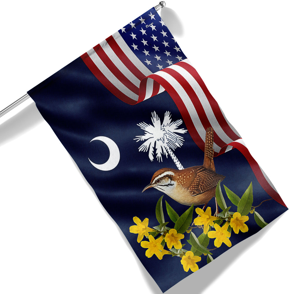 South Carolina Yellow Jessamine Flower and Carolina Wren Bird Flag