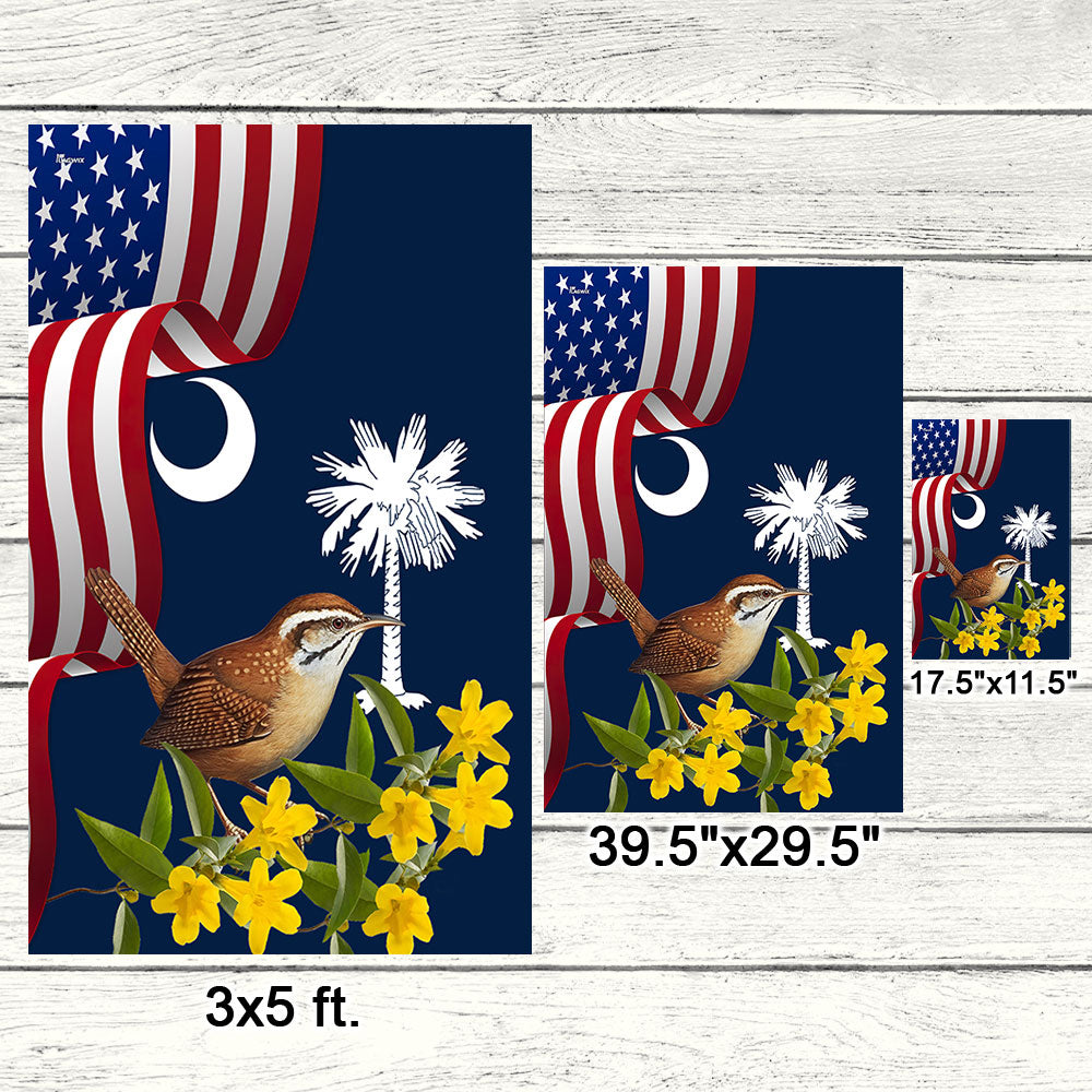 South Carolina Yellow Jessamine Flower and Carolina Wren Bird Flag