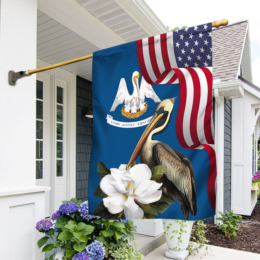 Louisiana Brown Pelican Bird and Magnolia Flower Flag MLN1141Fv14 3-Day Shipping