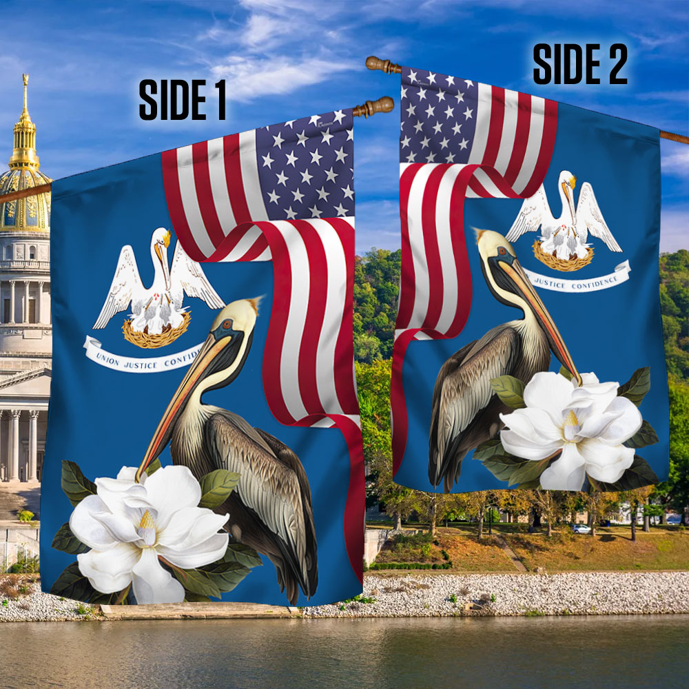 Louisiana Brown Pelican Bird and Magnolia Flower Flag MLN1141Fv14 3-Day Shipping
