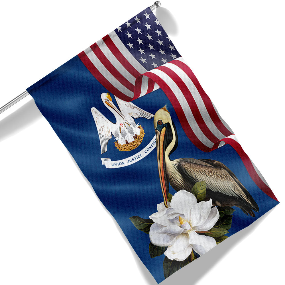 Louisiana Brown Pelican Bird and Magnolia Flower Flag MLN1141Fv14 3-Day Shipping