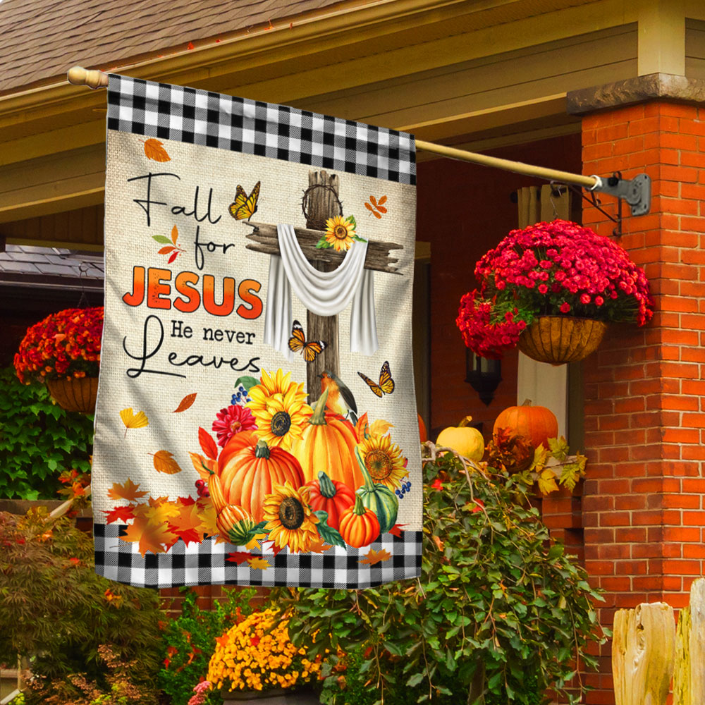 Fall Flag "Fall For Jesus He Never Leaves" Seasonal Decorative Flag 3-Day Shipping