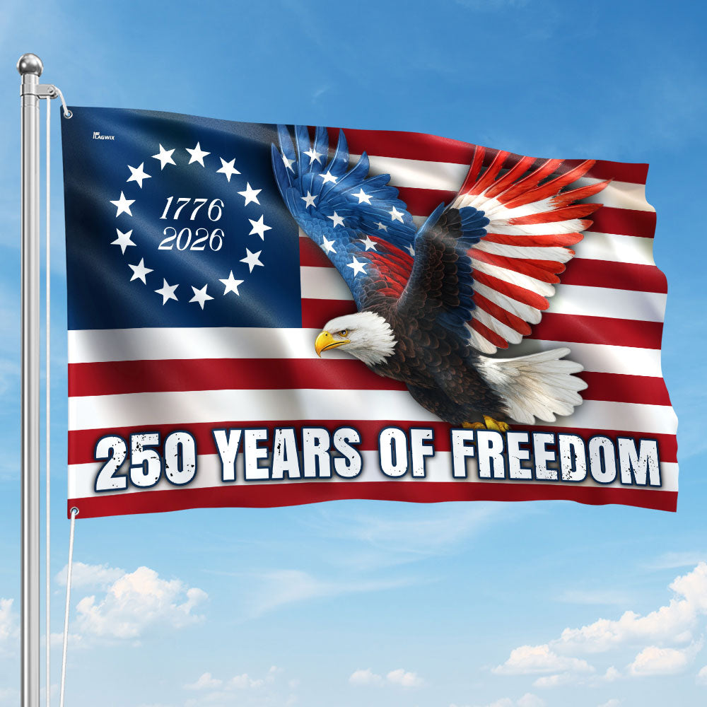 250 Years of Freedom Betsy Ross 1776–2026 Eagle Grommet Flag for Decor