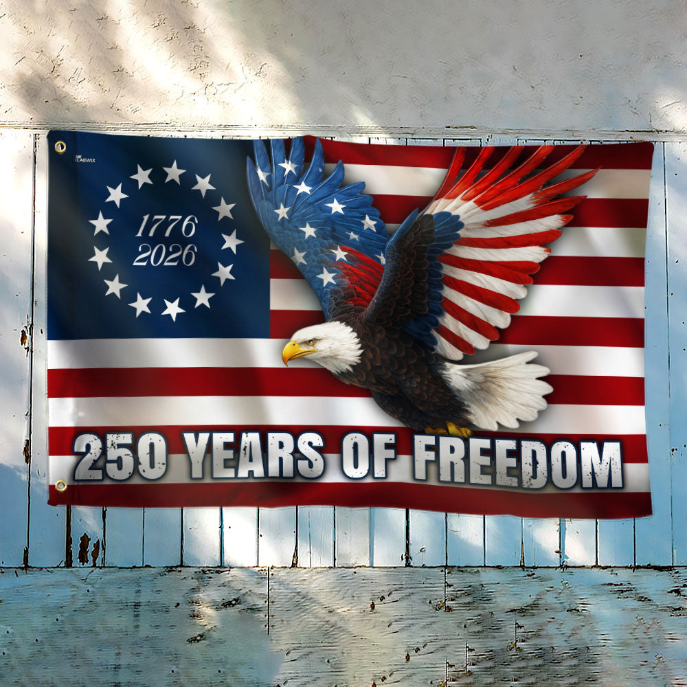 250 Years of Freedom Betsy Ross 1776–2026 Eagle Grommet Flag for Decor