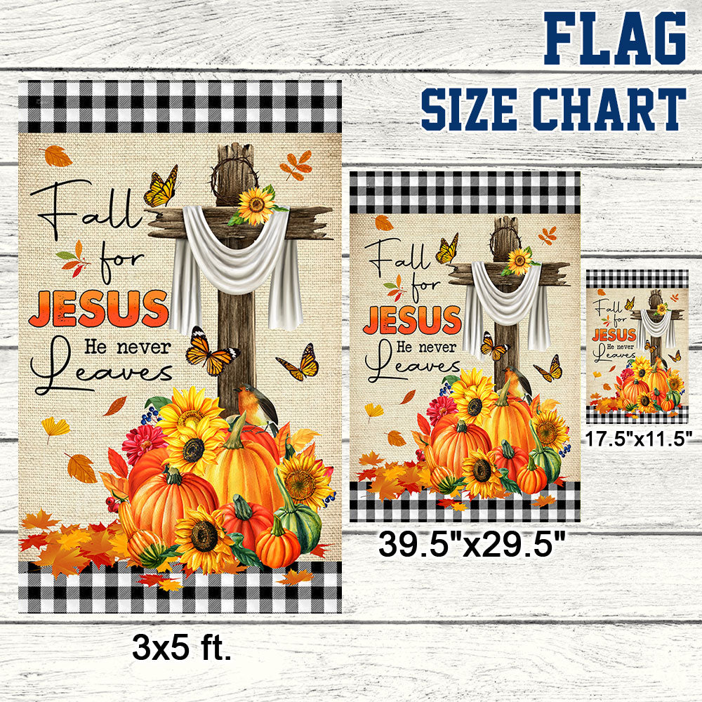 Fall Flag "Fall For Jesus He Never Leaves" Seasonal Decorative Flag 3-Day Shipping