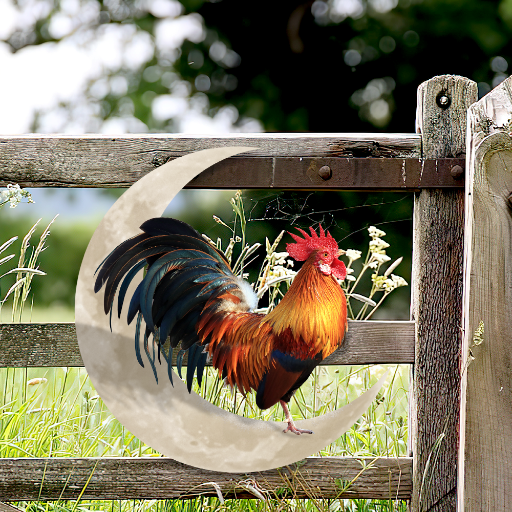 Rooster And Moon Hanging Metal Sign, Farm Flag For Decor