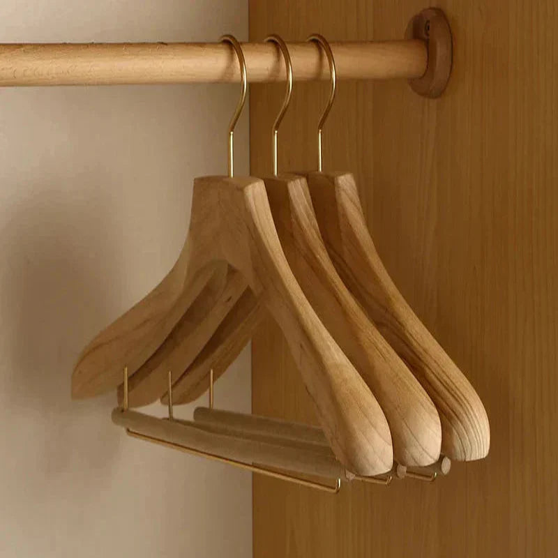 Wide Shoulder Wooden Hangers with Camphor Wood and Flocked Rod, Set of 2