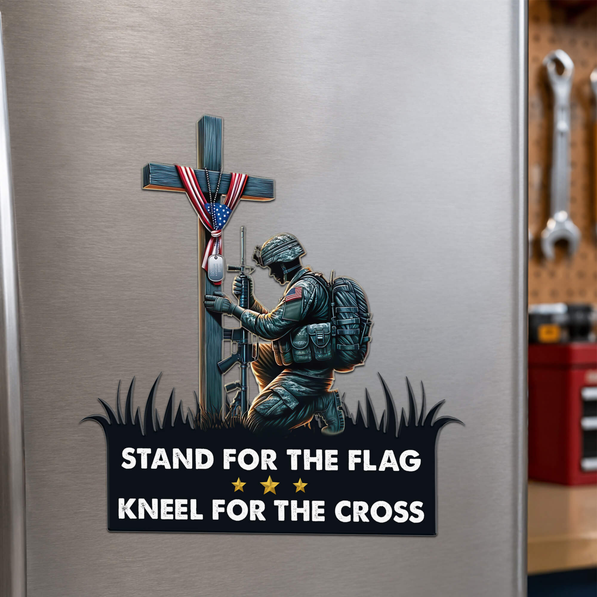 Stand For The Flag Kneel For The Cross Magnet, Military Soldier Praying Cross Decal, Patriotic Veteran Truck Magnet, Gift for Him