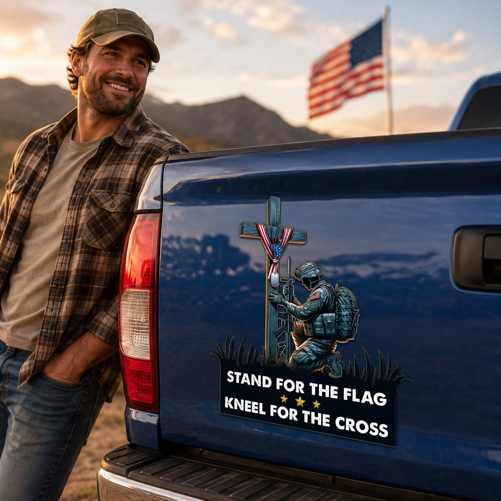 Stand For The Flag Kneel For The Cross Magnet, Military Soldier Praying Cross Decal, Patriotic Veteran Truck Magnet, Gift for Him