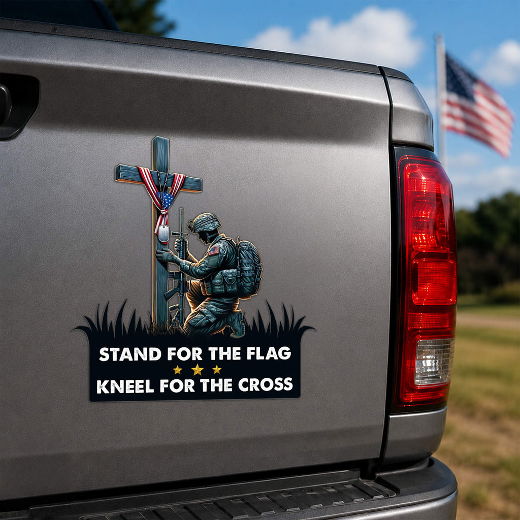 Stand For The Flag Kneel For The Cross Magnet, Military Soldier Praying Cross Decal, Patriotic Veteran Truck Magnet, Gift for Him