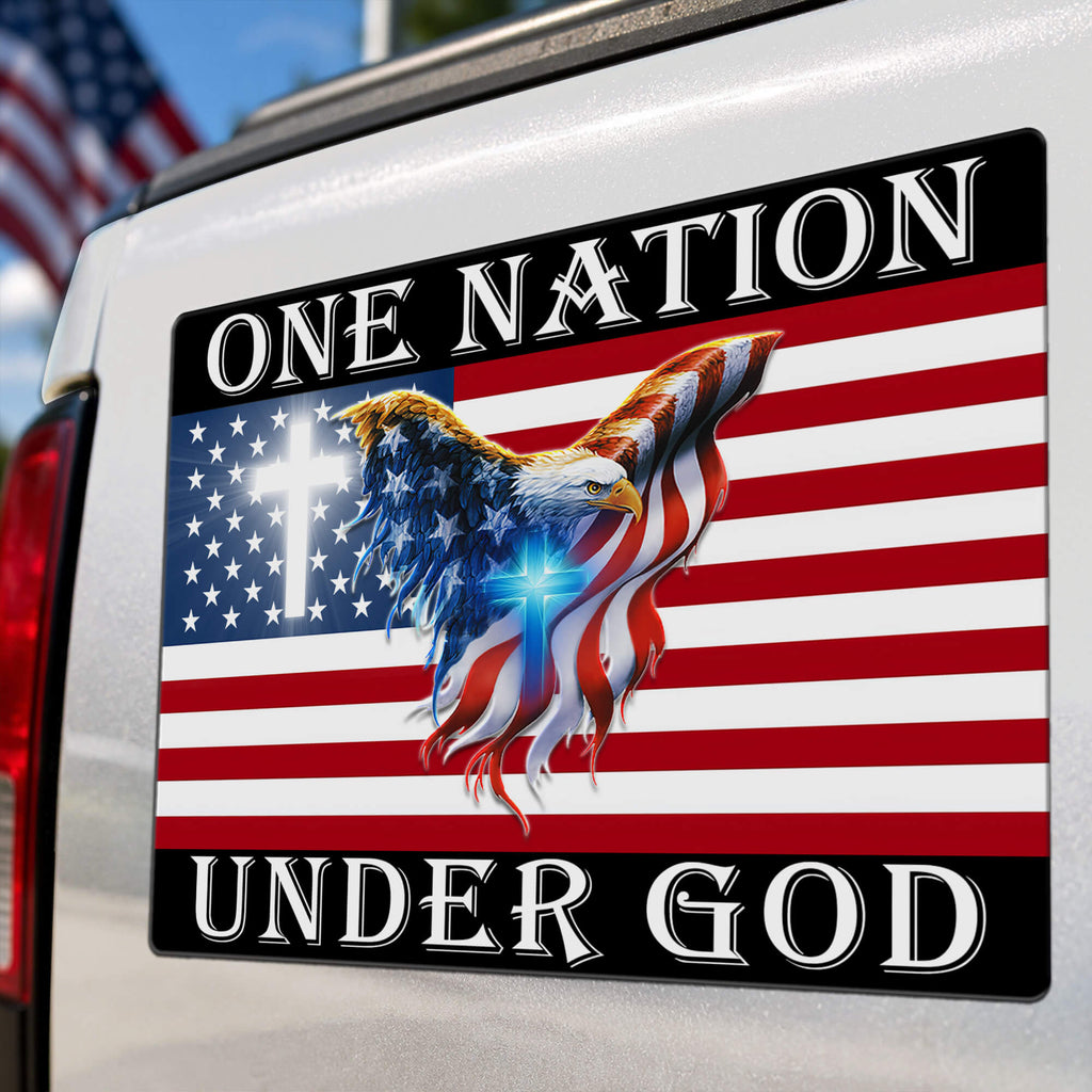 One Nation Under God American Flag Eagle Magnet, Cross Christian Patriotic Die Cut, USA Car Truck Vinyl Decal Gift