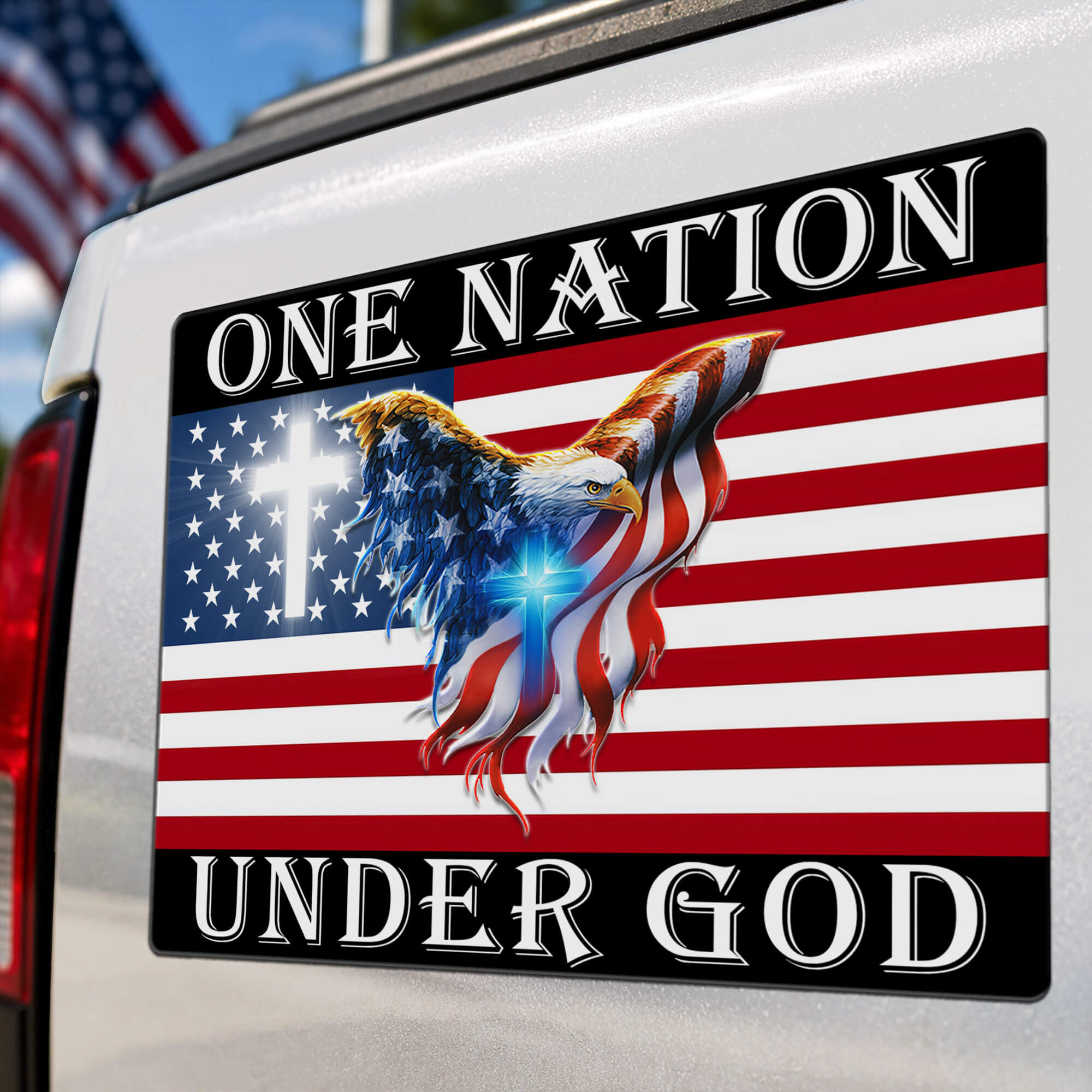 One Nation Under God American Flag Eagle Magnet, Cross Christian Patriotic Die Cut, USA Car Truck Vinyl Decal Gift