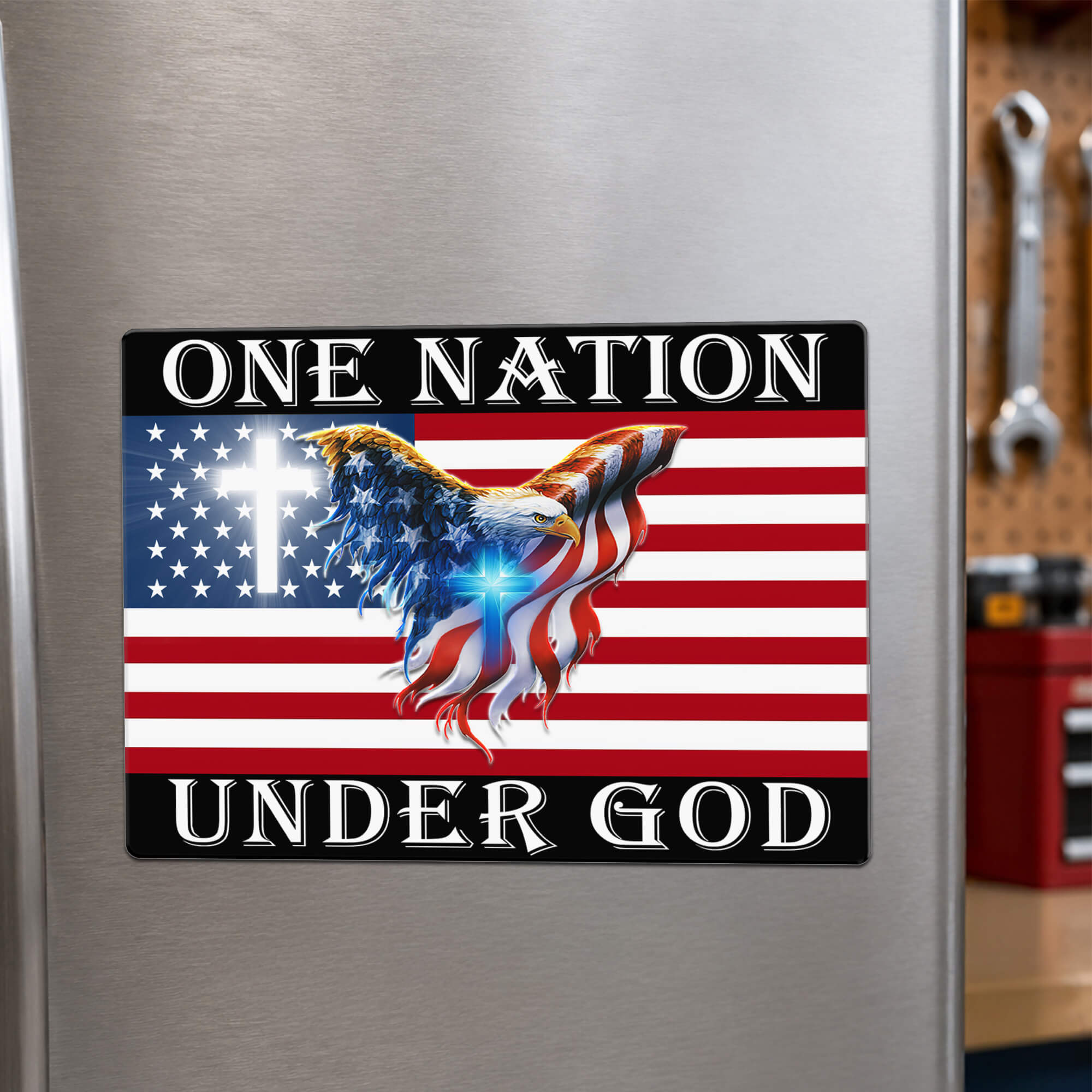 One Nation Under God American Flag Eagle Magnet, Cross Christian Patriotic Die Cut, USA Car Truck Vinyl Decal Gift