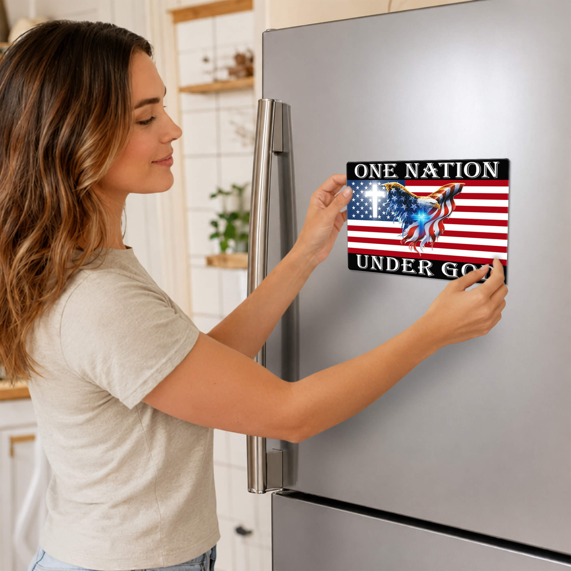 One Nation Under God American Flag Eagle Magnet, Cross Christian Patriotic Die Cut, USA Car Truck Vinyl Decal Gift