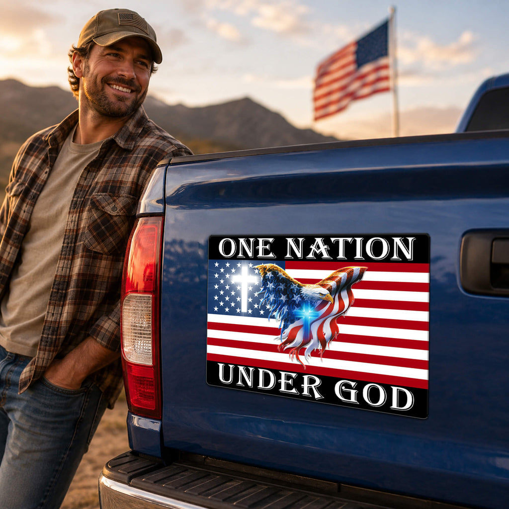 One Nation Under God American Flag Eagle Magnet, Cross Christian Patriotic Die Cut, USA Car Truck Vinyl Decal Gift