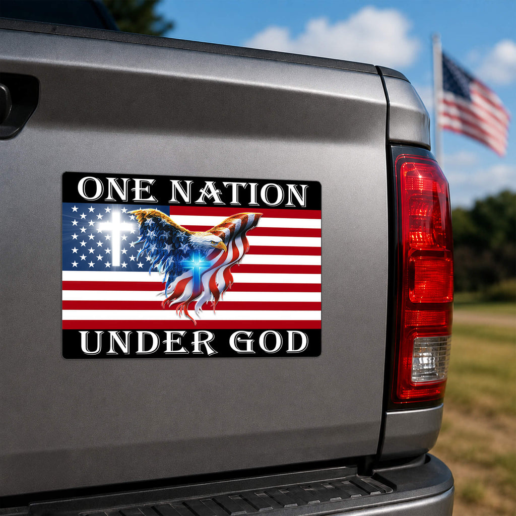 One Nation Under God American Flag Eagle Magnet, Cross Christian Patriotic Die Cut, USA Car Truck Vinyl Decal Gift